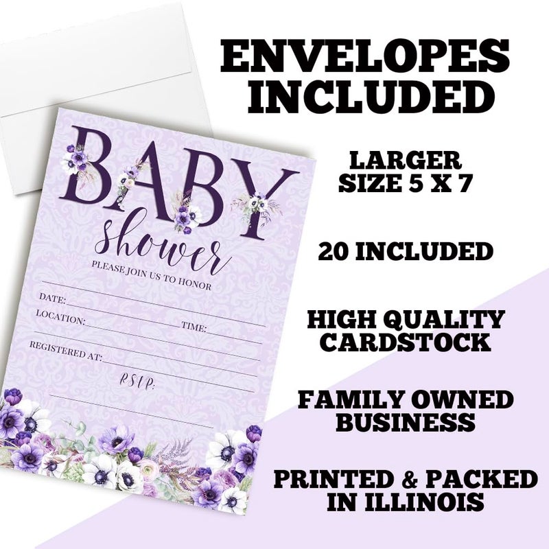 Amanda Creation Watercolor Violets Floral Baby Sprinkle Baby Shower Invitations, 20 5x7 Fill In Cards with Twenty White Envelopes by AmandaCreation - Image 2